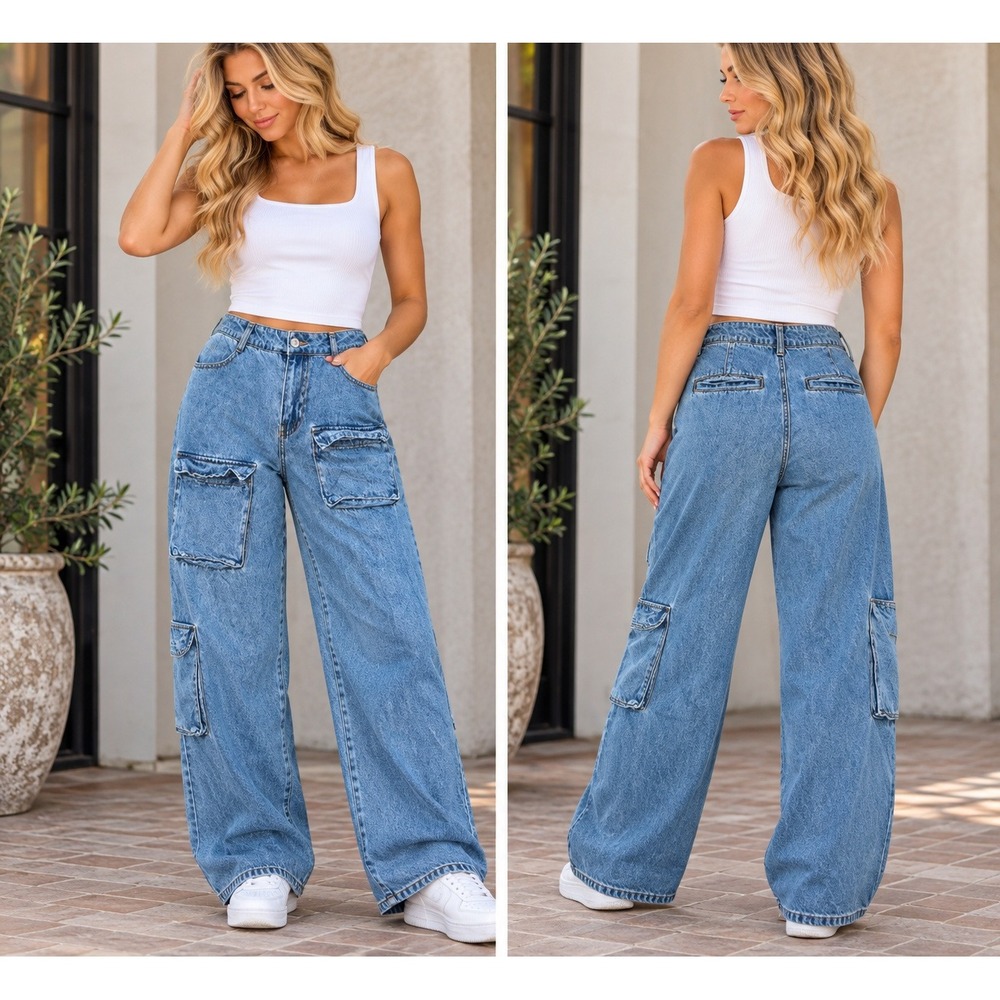 RSQ Womens Blue Light Wash High Rise Wide Leg Cargo Jeans Size 26